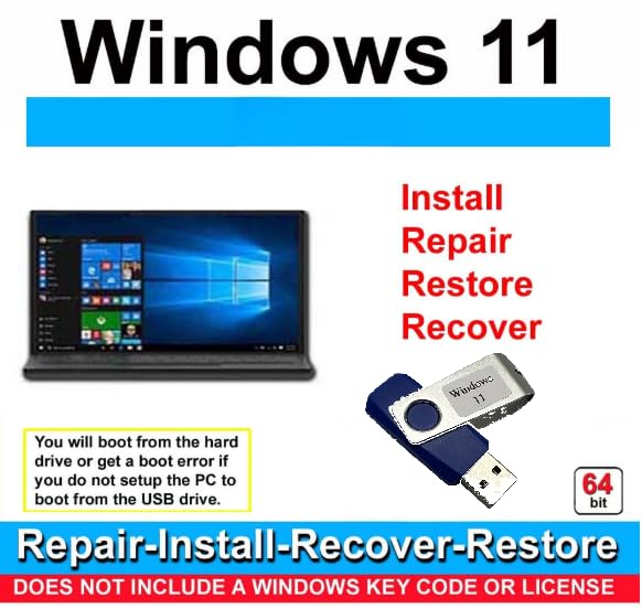 Recovery and Repair USB Drive for Windows 11, 64-bit, Install-Restore-Recover Boot Media - Instructions Included