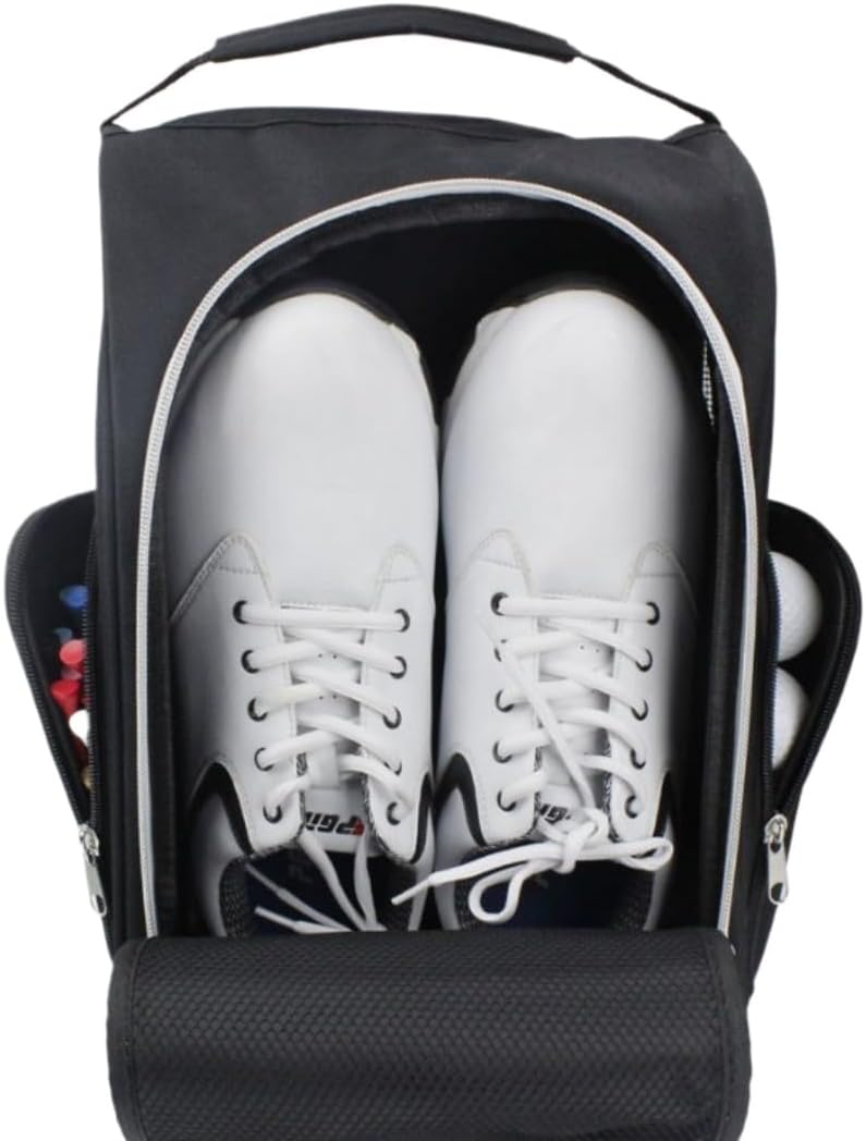 Golf Shoe Bag, Black, Lightweight Travel Sports Carrier with Ventilation, Storage Pockets, 33x22.5x7cm, for Golf, Gym, Sports Equipment