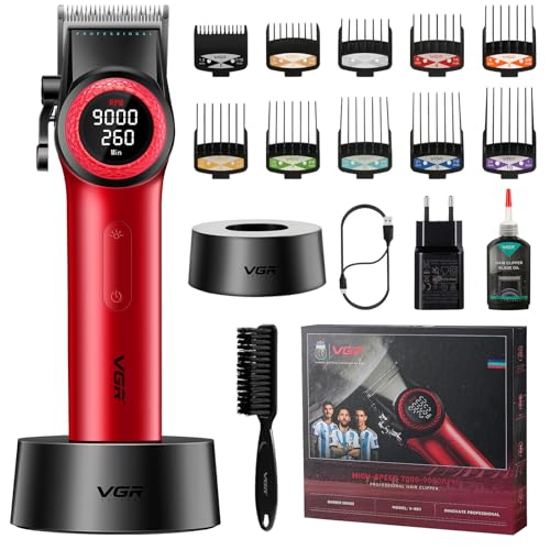 VGR 001 Tondeuse Cheveux Hommes Professionnelle, Sans Fil Tondeuse Pro Dégradé Coupe Cheveux et Coiffeur, Lames en Céramique, 9000 TR/MIN, Affichage Numérique à LED, Poignée en Métal, Rouge