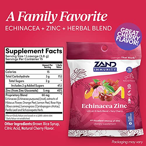 Zand Herbalozenge Cherry Echinacea Zinc | Throat Lozenges | No Corn Syrup, No Cane Sugar, No Colors (12 Bags, 15 Lozenges) #TOP1
