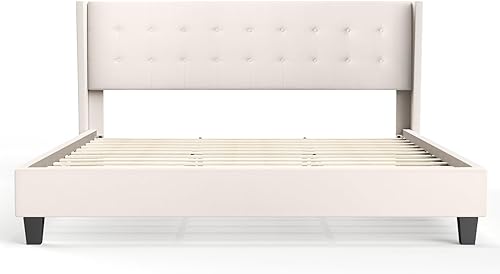 Miniatura 21 de BONSOIR Base de cama tapizada tradicional de perfil bajo con cabecera trasera de ala, no necesita somier, no necesita falda de cama, tapicería de