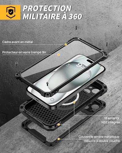 Coque iPhone 15 rigide et métal Lanhiem noire blindage premium robuste