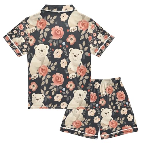 senya Bears and Beautiful Roses Satin Summer Pajama Sets Silk Short Sleeve Button Down Sleepwear2