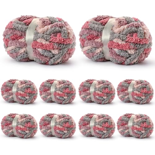 Image of 10 Pack Jumbo Chunky Yarn for Hand Knitting, Fluffy Variegated Chunky Chenille Yarn for Crocheting, 240yds /70.5oz Super Bulky Soft Crochet Baby Blanket Yarn(Grey-Pink-Purple)