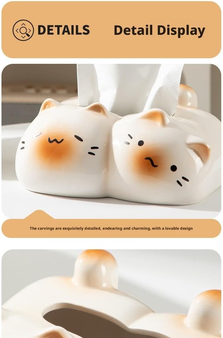 Couple Cat Creative Ceramic Tissue Box, INS Style Light Luxury High-End Napkin Holder for Living Room Desktop,Large Caliber Design Smooth Pull, Home Decor Ornament，2colors (A)