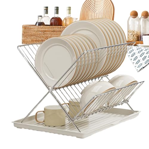 Escurridor de platos compacto, escurridor de platos plegable | Escurridor de platos de 2 niveles para encimera de cocina, escurridor de cocina plegable y extraíble, colector de agua para encimera de