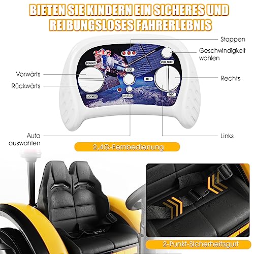 COSTWAY 12V Elektro Traktor für Kinder mit abnehmbarem Anhanger und 2,4G Fernbedienung, Aufsitztraktor 3-8 km/h mit Warnleuchte, Hupe, Musik, Getränkehalter, geeignet fur Kinder ab 3 Jahren (Gelb) – Bild 5