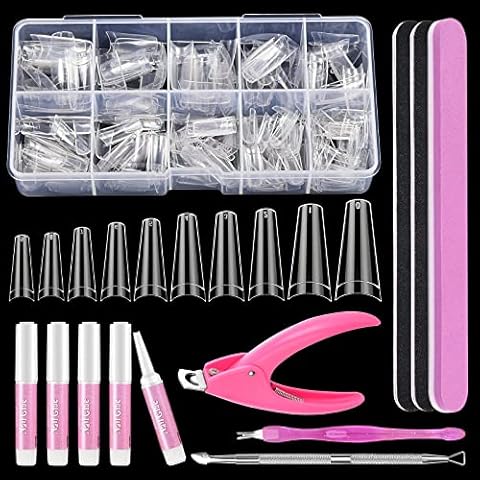 Clear Coffin Nail Tips Set, MORGLES 500 Pcs Clear Fake Nails French Tip Nails Acrylic Long Coffin Half Cover Nail Tips Ballerina False Nails with Nail Clipper Files and Glues,Cuticle Pusher and Fork Cover