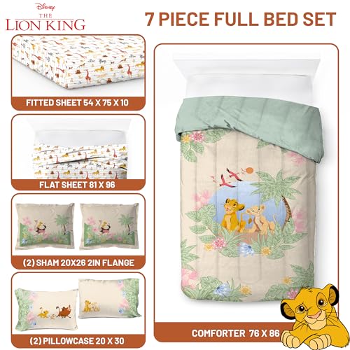 Image of Disney Lion King Simba Full Comforter Set 7 Piece Kids Bedding, Multi | Safari Animal, Bed in a Bag, Comforter Sheets Shams Pillowcases, Official Brand, Soft Microfiber, Machine Washable, Kids Gift