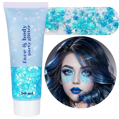 MEICOLY Light Blue Body Glitter,Singer Concert Music Festival Rave,Mermaid Princess Face Glitter Gel,Ice Blue Glitter Face Paint,Chunky Glitter for Eye Lip Hair,Sparkling Holographic Gel for Women