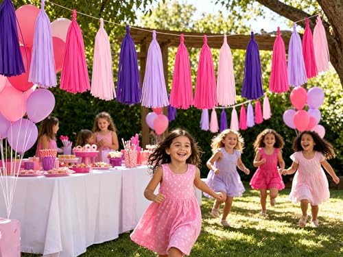 Image of Pink Purple and Rose red Tissue Paper Tassels Tassel Garland Banner for Birthday Party Decorations,Pack of 20