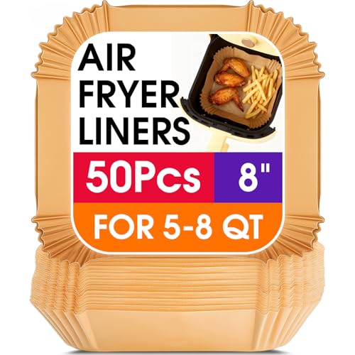 Square Air Fryer Disposable Paper Liners, 50 Pack Non-Stick Oil-Proof Parchment Liners for 5–8 QT Air Fryers, 8×9×1.7 inch Baking & Microwave Safe