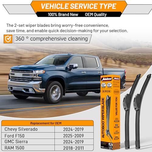 Image of AUTOBOO Windshield Wiper Blade Replacement for Ford F150 Silverado Sierra | Fits F150 2009-2025, Silverado 1500 & Sierra 1500 2019-2024, RAM 1500 2011-2018, 22 inch+22 inch, 2-pack, J /U hook, OEM fit