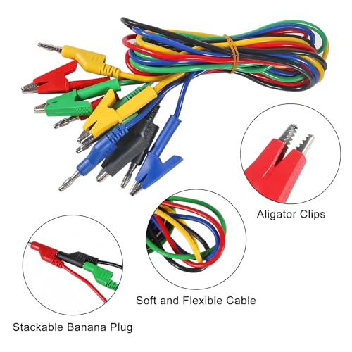 Image of 5pcs Test Leads 4mm Stackable Banana Plug to Crocodile Alligator Clips Flexible Cable Wire 3.3ft /1m for Multimeter Electrical Testing (Banana Plug to Alligator Clips)