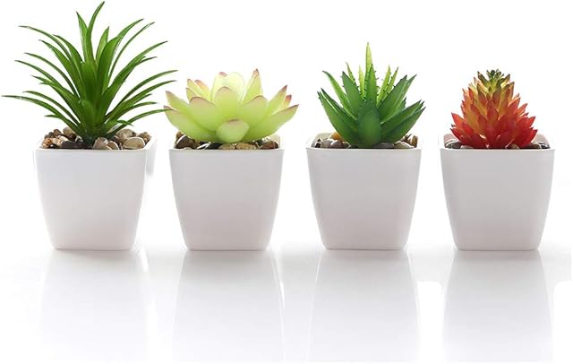 Veryhome Fake Succulents Plants Artificial Potted in Mini Square White Pots for Home Garden Decor Green Plastic Pots,4PCS