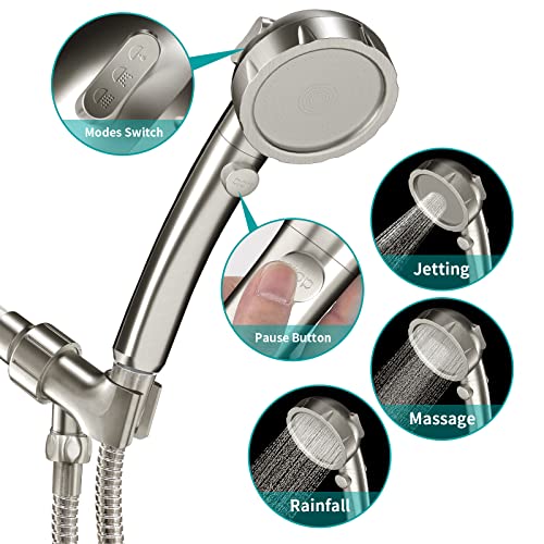 Miaohui Modern Handheld Shower Head With On Off Switch, High Pressure Shower Head With Handheld, 3 Spray Settings Removable Shower Head With Hose, Angle Adjustable Shower Bracket (Brushed Nickel) #TOP1
