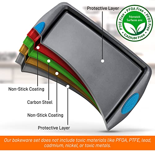 Nutrichef 6-Piece Baking Pan Set - Pfoa, Pfos, Ptfe Free Flexible Nonstick Gray Coating Carbon Steel Bakeware - Professional Home Kitchen Bake Cookie Sheet Stackable Tray W/Blue Silicone Handles #TOP2