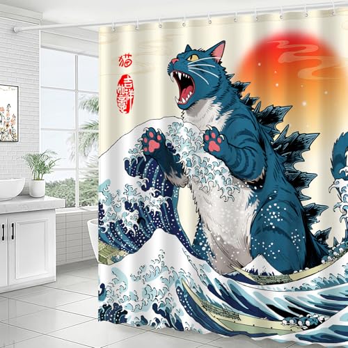 Image of Funny Blue Cat Monster Shower Curtain Set, Japanese Anime Sunset Ocean Waves Home Bathroom Decor, Polyester Cloth Fabric Bath Curtain with 12 Hooks 72 inch W x 72 inch L