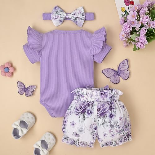 Baby Girl Clothes Summer Outfits Newborn Ruffle Sleeve Infant Flower Butterfly Shorts with Bow Headband 0-18 Months3