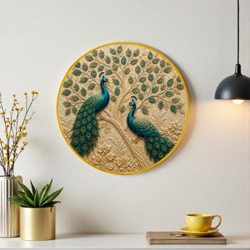 Image of PAINTINGMANTRA Peacock Pair Vastu Framed Wall Art Painting For Living Room| Elegant Peacock Poster with Round Frame for Wall, Decoration item for bedroom & Home, 12 Inch