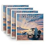 Lantern Press Westport, Washington, Lithograph, Surfers on Beach (Absorbent Ceramic Coasters Set of 4 Matching Images, Cork Back, Kitchen Table Decor)