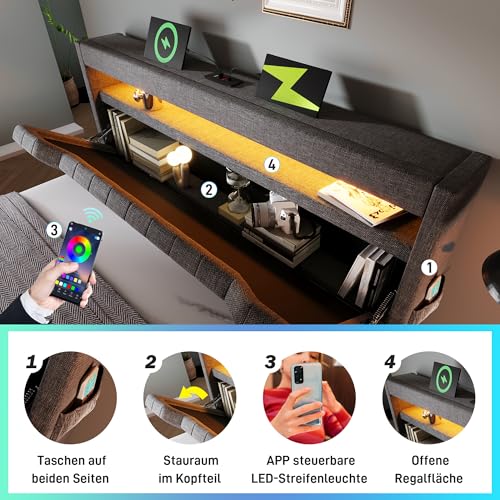 Polsterbett Doppelbett 140x200, LED Jugendbett Hydraulisches Bett Stauraumbett Funktionsbett Bettgestell mit Stauraum&Lattenrost, Stauraum-Kopfteil mit USB Type-C Aufladen, Leinen, Ohne Matratze, Grau – Bild 6