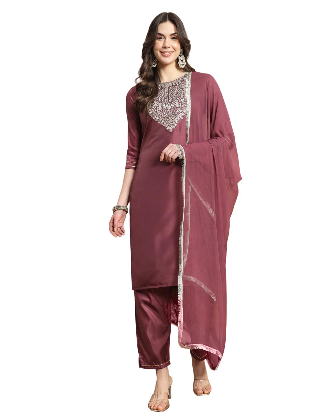 VredeVogel Women's Silk Blend Embroidered Kurta with Pant & Nazmin Dupatta