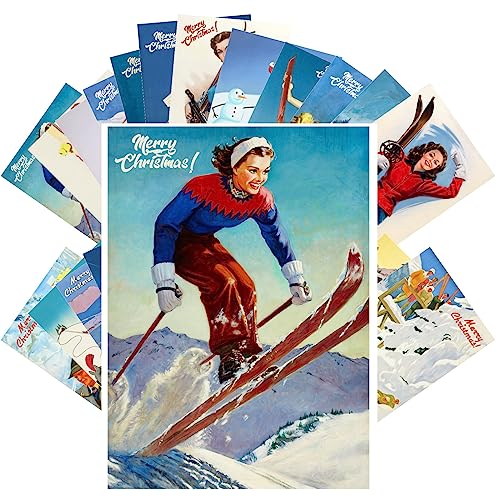 Cartes postales de Noël au ski pour correspondance retro et voeux hivernaux