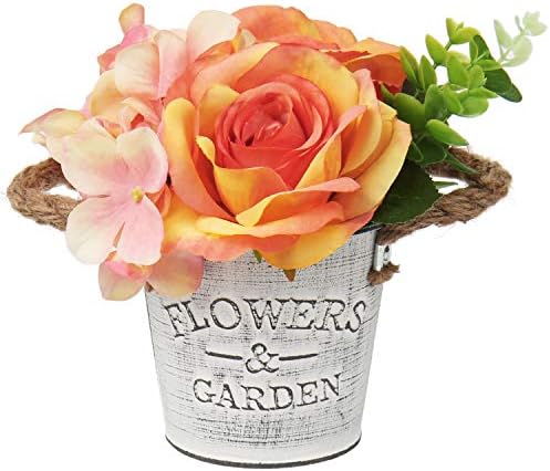 Briful Artificial Flowers in Vase, Fake Flowers Mixed Rose Hydrangea in 3.1x3.7 in. Metal Pot, Silk Faux Flower for Kitchen Living Room Table Party Wedding Decorations, Orange