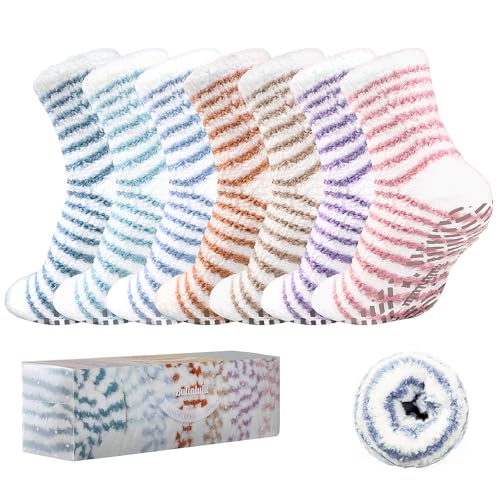 Image of Bulinlulu Fuzzy Socks with Grips Plush Sleep Cozy Winter Soft Hospital Fluffy Socks for Womens Mens Gifts