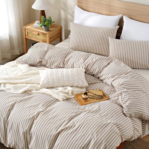 Image of TOCOMOA Brown Striped Duvet Cover Set 100% Washed Cotton Like Linen, King | Linen-Like Feel Soft, Breathable & Comfy for All Season. Lightweight Bedding Set with Zipper & 8 Ties. 3 Pcs, No Insert