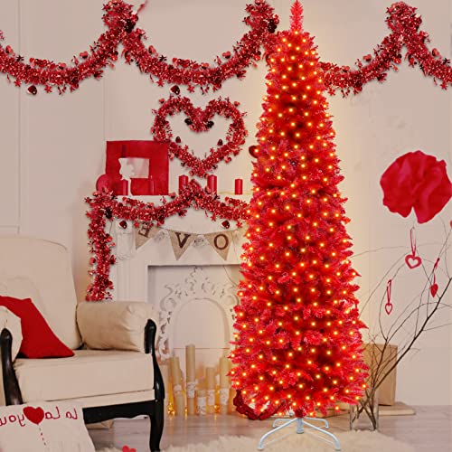 Turnmeon Valentines Day Decor, 7.5 Ft Prelit Pencil Valentine Tree Decoration 1000 Branch Tips 8 Modes 220 Led Warm Lights Plug In Metal Stand Hinged Artificial Slim Tree Home Party Wedding(Red) #TOP4
