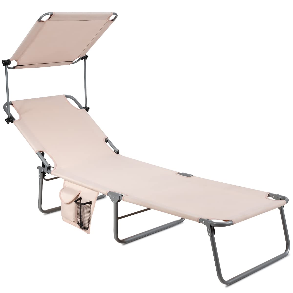 COSTWAY Beach Lounge Chair, Foldable Chaise Lounge with Canopy, Adjustable Backrest & Side Pocket, Tanning Chair for Seaside, Pool, Patio (Beige)