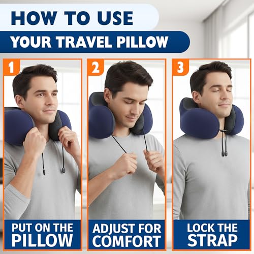 Image of 100% Memory Foam Neck Support Pillow with Adjustable Snap Buttons & Head Support - 4-in-1 Kit with 3D Eye Mask, Earplugs & Washable Cotton Cover - Neck Pillow for Plane Travel, Car, Train & Bus (Blue)