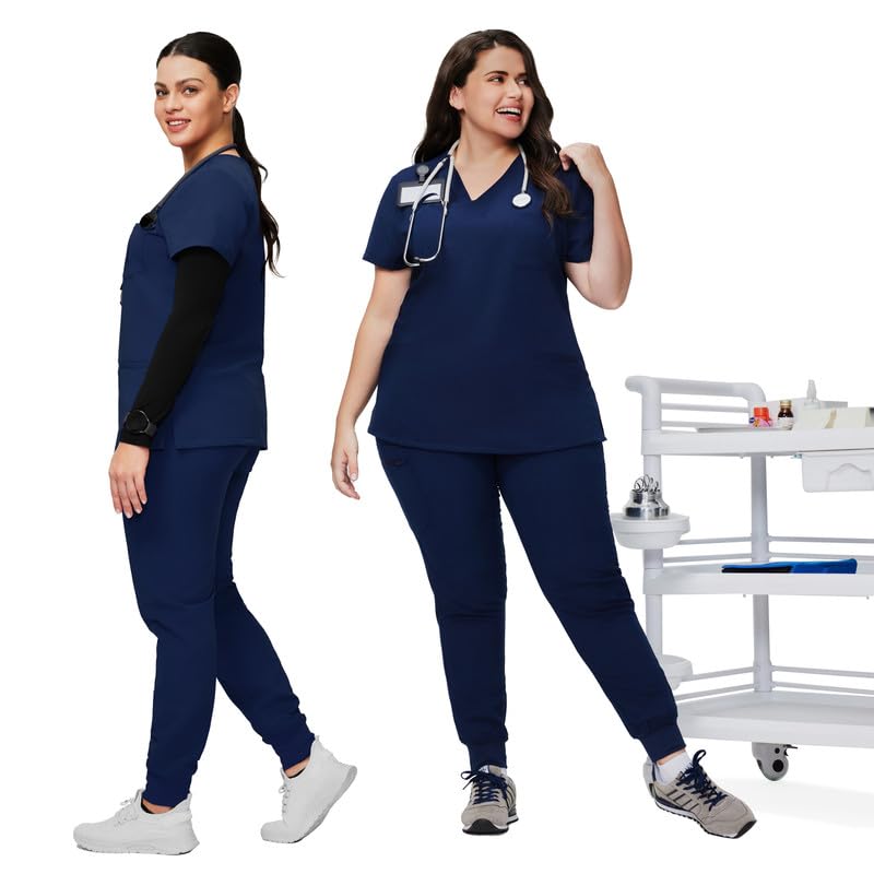 Image of Kitmaz Scrub Pants for Women - Mid Rise 4-Way Stretch Anti-Wrinkle Slim Fit Jogger Pants, Drawstring & 5 Pockets