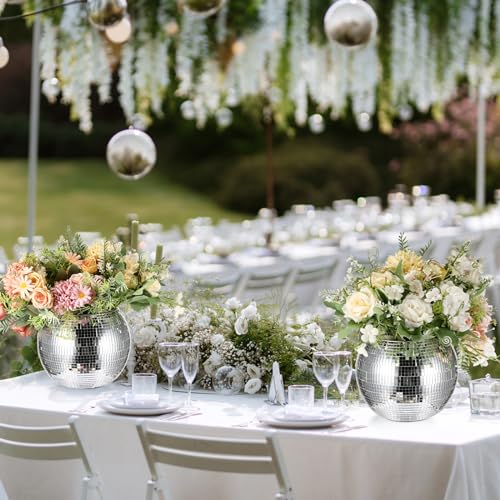 Image of 6 Pcs Disco Ball Planter Disco Ball Vase Centerpieces | Mirror Glass Flower Vase Decor for Wedding Birthday Party Bedroom Kitchen Office, 5.5 x 7 Inch, Silver