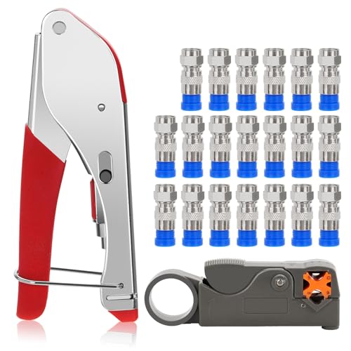 Sexyhot Pince à Sertir à Compression de Type F, Kit d'Outils de Sertissage de Câble Coaxial, Coupe 9mm + 20 Connecteurs, Pince Coupante RG59 RG6, Pour la Télévision par Câble(480g)