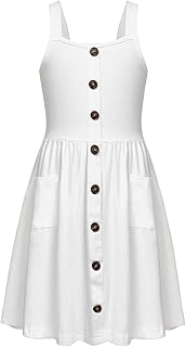 Girl's Spaghetti Strap Button Down Midi Sleeveless Summer Casual Sundress A-line Dress with Pockets - Buy now