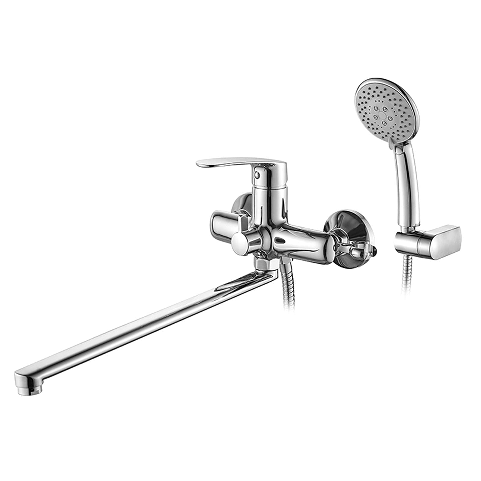 Grifo clásico para bañera montado en la pared, cromado, grifo para bañera de latón con cabezal de ducha de mano de 5 modos, salida de agua giratoria de 40 cm de largo, grifo mezclador para ducha de