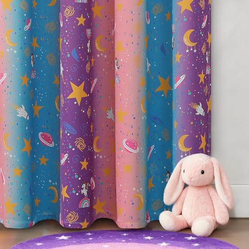 Image of Pink Purple and Grey Room Darkening Curtains 84 Inch Long for Girls Bedroom | Estelar Textiler Star & Moon Blackout Curtains for Kids Playroom,Unicorn Rainbow Grommet Window Drapes,52Wx84L,2 Panels