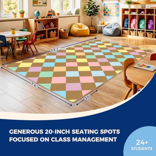 Image of Booooom Jackson Classroom Rug - 7'6''x13' Warm Diamond Patchwork Square Preschool Classroom Carpet, Non-Slip & Stain Resistant, 20X Easy Clean, Thick Nylon Kids Playroom Floor Mat