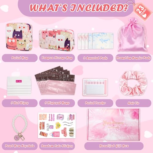 Image of 22 PCS First Period Starter Kit Gift for Teen Girls Period Bags for Teen Tweens Girls with Sanitary Pad Storage Bag, Wipes, Menstrual Tracker, Disposal Pouches and More (Cats)