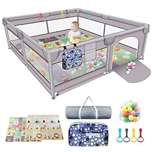 Baby Playpen 79″ X 71″ , LUTIKIANG Play Yard for Babies and Toddlers with Mat, Safety Extra Large Baby Fence Area, Indoor & Outdoor Kids Activity Play Center with Anti-Slip Suckers and Zipper Gate.