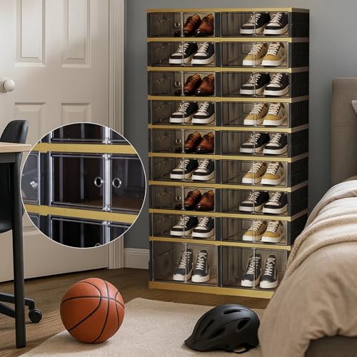 Image of SYNCVIBE Foldable Shoe Rack, 9 Tier, 36 Pairs, 34.2 inch Wide, Black Gold
