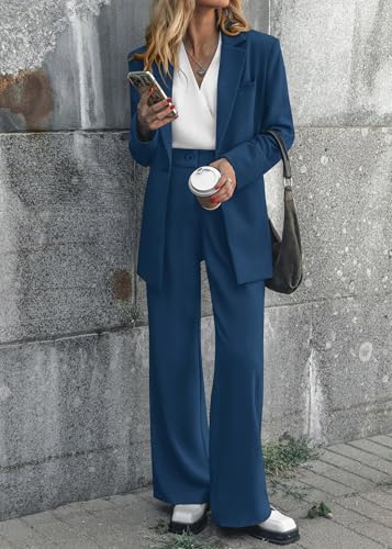 KIRUNDO Women Suits 2 Piece Set Business Casual Dressy Oversized Blazer Jacket and Wide Leg Dress Pantsuits Formal Outfits(Dark Lake Blue, Medium)