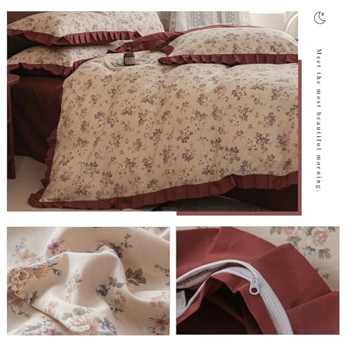 Image of VM VOUGEMARKET Red Ruffle Duvet Cover Twin,Vintage Rose Flower Bedding Set with Zipper Ties 100% Cotton Romantic Lace Comforter Cover for Teen Girls
