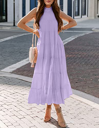 Image of HAEOF Women's Summer Sleeveless Halter Midi Maxi Dress Casual Loose Fit Pleated Tiered Flowy Beach Vacation Long Sundress