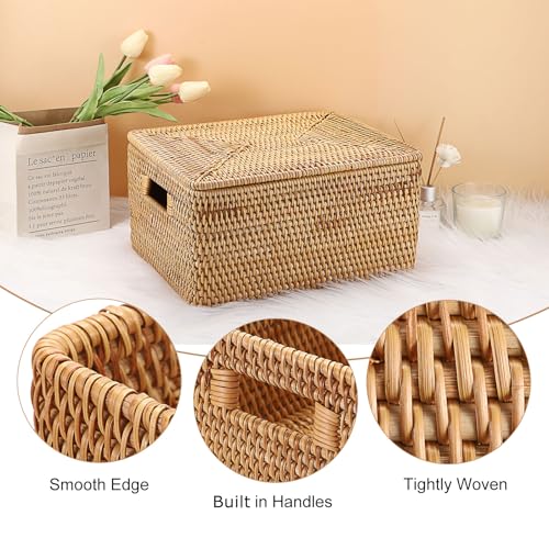 Hipiwe Wicker Storage Bins with Lid Handwoven Rattan Baskets Rectangular Decorative Shelf Baskets Bin with Handles Household Basket Boxes for Home Organizing,13.2"L x10.2"W x6.7"H - Image 5