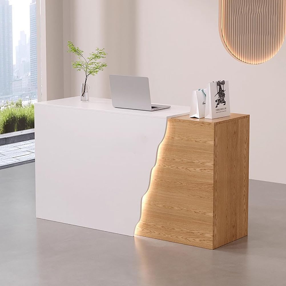 BK&MF Modern Reception Desk with Counter,Small Front Desk Reception Room Table with LED Lights and Cable Grommet Checkout Counter Storage for Salon Lobby,B,100x40x90cm(39x16x35inch)