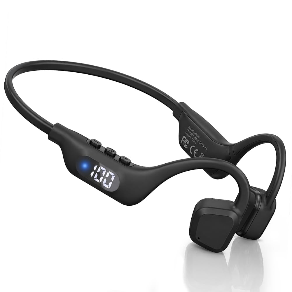Cuffie Conduzione Ossea Bluetooth 6.0, Auricolari Sportivi Bluetooth Open-ear Autonomia 14 Ore, Open-ear Cuffie LED Display, IPX8 Impermeabili, Qualità Audio HD Per Corsa Ciclismo Guida Fitness (Nero)